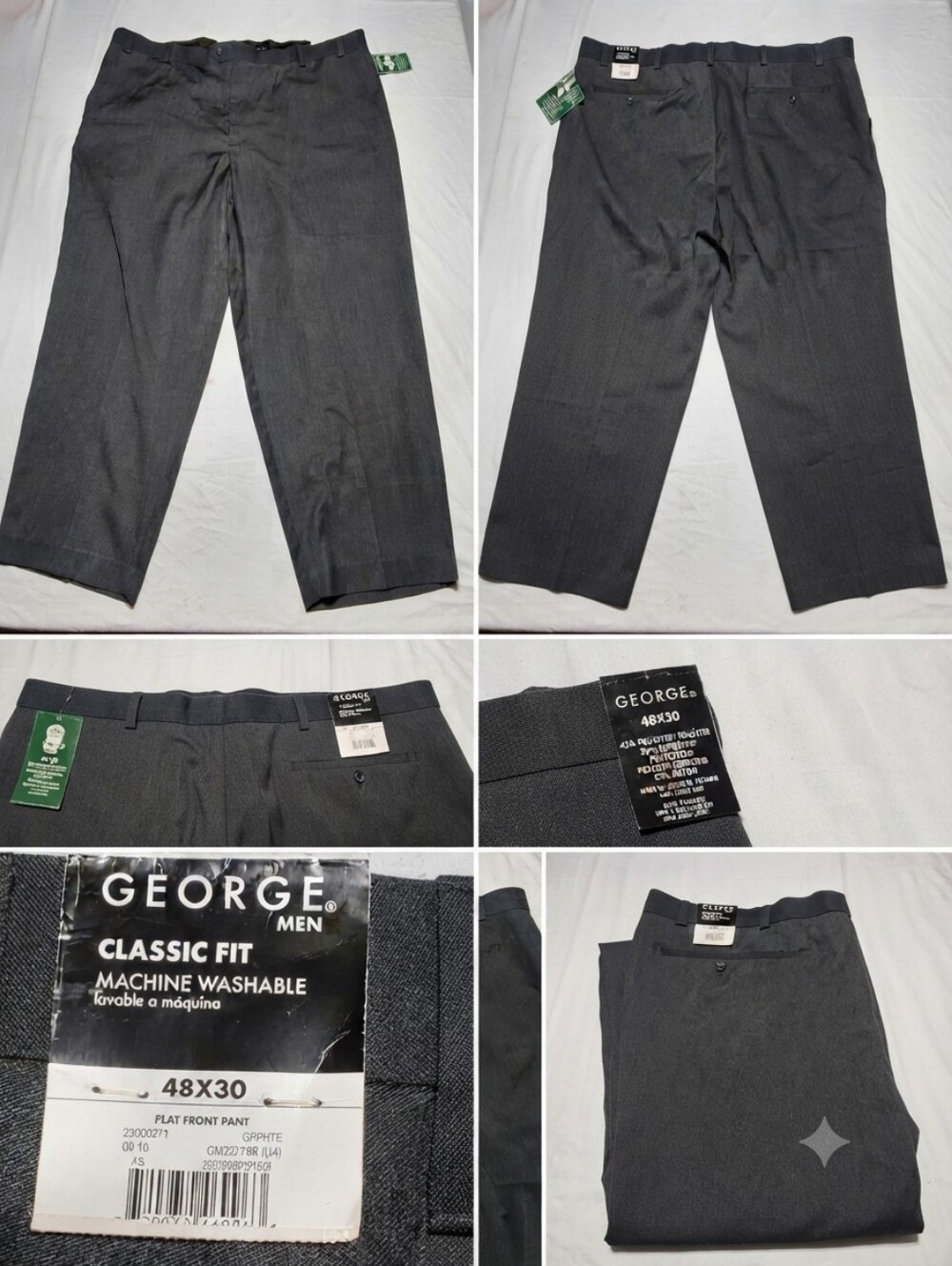 George Men's Classic Fit Flat Front Dress Pants Gray Herringbone Size 48